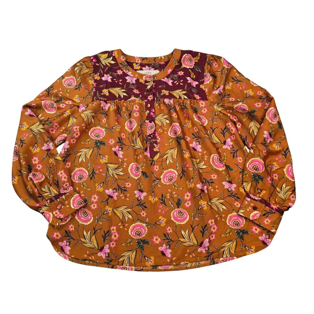LOFT Blouse Womens Medium Petite Brown Floral Henley Tunic Boho Fall Top